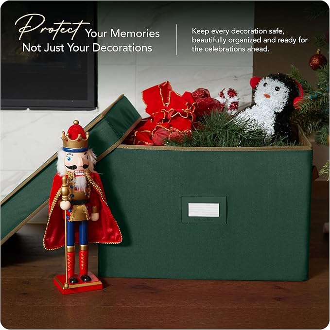 Covermates Keepsakes Treasurekeeper Storage Box – Heavy-Duty Polyester with Sturdy Interior Walls – Stackable Holiday Storage with Handles & ID Window, Green