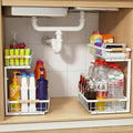 Under Sink Organizer 2 Pack, 2 Tier Pull Out Cabinet Organizers and Storage for Kitchen Bathroom Pantry Laundry, Adjustable Height, Slide Out Thickened Metal Storage Shelf (White, 2 Pack)