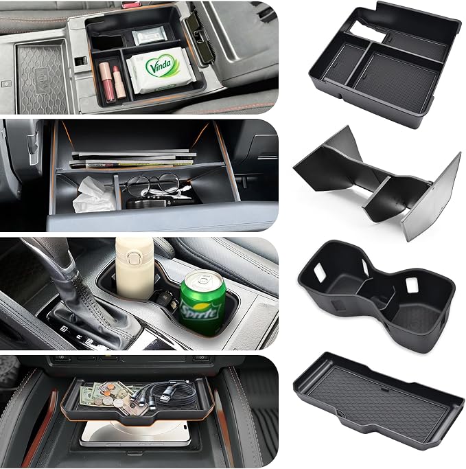 GZSH 4 Set Organizer for Nissan Frontier 2022-2026 (S/SV/Pro-X/Pro-4X/SL) | Center Console Organizer Tray Front Console Shelf Armrest Storage Box Cup Holder for Nissan Frontier 2022+