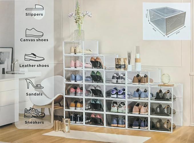 6-Pack Thickened Shoe Storage Boxes | Stackable Clear Shoe Organizer for Closet, Entryway. Easy Assembly Shoe Rack for Sneakers, Fits Up to US Men’s Size 10, Heavy Duty PP, M (13.4" x10.6"x 6.7") (6)