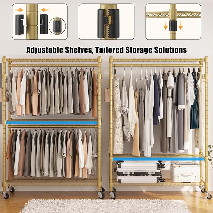 BATHWA Heavy Duty Rolling Garment Racks, 25mm Metal Pipe, 47.3"W x 17.7"D x 80.7"H Large Tall Portable Wardrobe Closet with 2 Rods, Wide Adjustable Shelves and Hangers, Clothing Hanging Storage, Gold