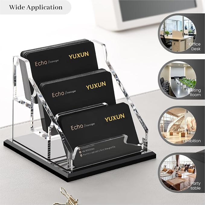 YUXUN Black Business Card Holder for Desk-3 Tier 3 Slot, Acrylic Business Card Holder for Women Men, 150+ Business Cards Display Stand, Multiple Business Card Display for Exhibition, Home, Office