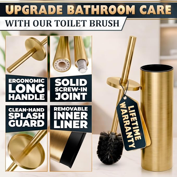 Gold Toilet Brush and Holder Set - Brushed Stainless Steel Gold Toilet Bowl Brush and Holder with Replaceable Head, Removable Inner Bowl, and Splash Protection - Dense Bristles for Thorough Cleaning