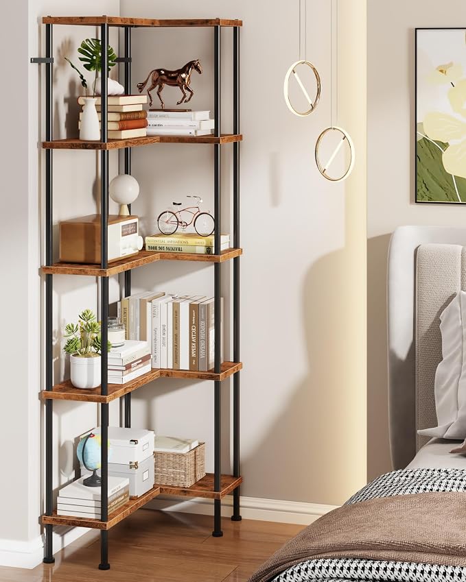 HIGDBFE 5-Tier L-Shaped Corner Bookshelf, 60" Tall Modern Corner Shelf | L-Shape Corner Fits Living Room, Bedroom, or Home Office Corners, 5 Open Shelves, Display Rack for Books, Plants, and More