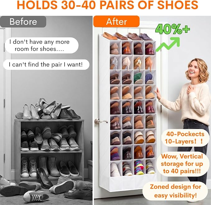 Ofiray-home 30-40 Pairs Over the Door Shoe Organizer | Large & Deep Pockets, Fits Boots, Sneakers or Larger Shoes, Space-Saving Hanging Shoe Rack