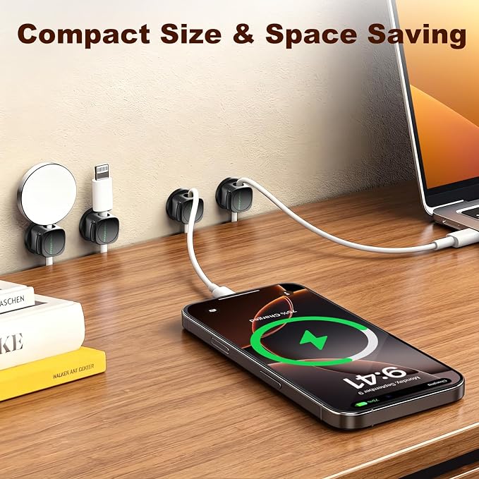 Magnetic Cable Clips 12 Pack, 360° Rotatable Self-Adhesive Cord Holder with One-Hand Open Lid, Cable Management for Nightstand Desk Car Phone Charger