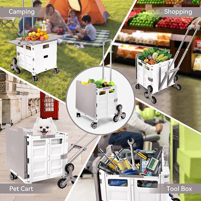 Foldable Utility Cart Portable Crate Rolling Dolly with Telescopic Handle,Can be Pulled diagonally, Magnetic Retractable Lid, 360°Swivel Climbing Wheels for Shopping Carrying Groceries Move White