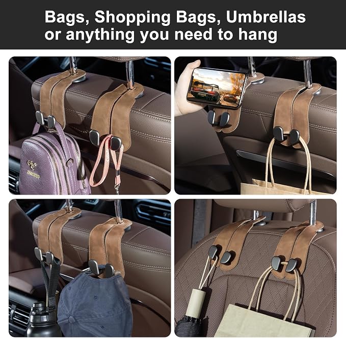 CoBak Purse Hook for Car - Universal Premium Stitched Leather and Aluminum-Magnesium Alloy Double Car Seat Back Storage Hook for Purses, Handbags, Bags (2 Pack),Brown