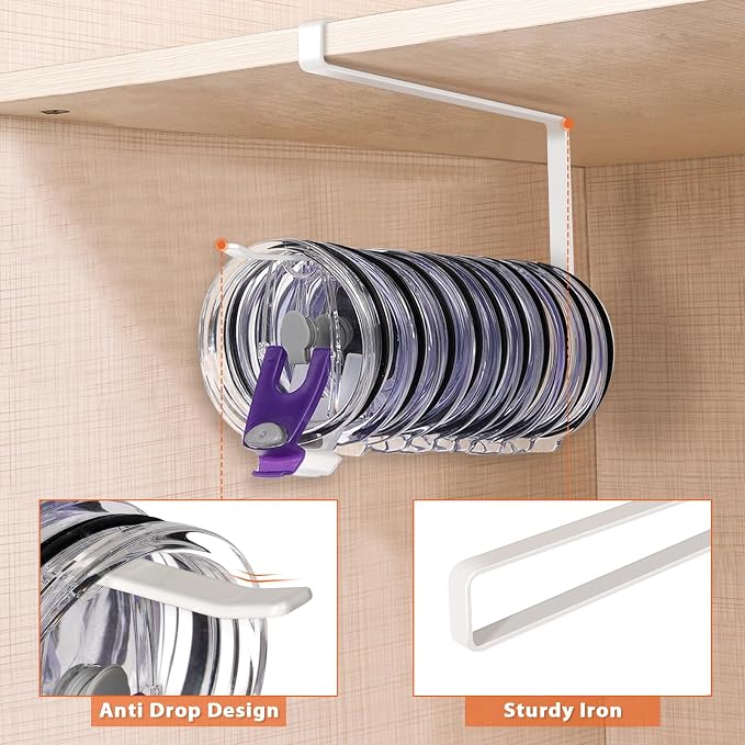 2 Pack Tumbler Lid Organizer, Versatile Tumbler Storage Holds 20 Lids White | Space Saving Cup Lid Organizers Inside Cabinet Tumbler Lid Hook for Kitchen Organizer and Storage, Paper Towel Rack Hanger
