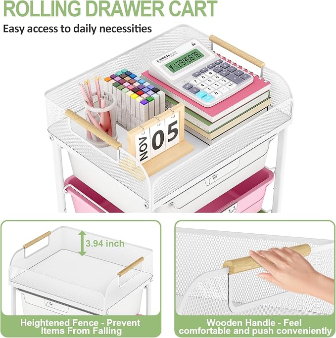 SYKIARIOL 4-Drawer Rolling Storage Cart with Mesh Top, Utility Craft Organizer Cart on Wheels with DIY Labels, Rolling Drawer Cart for Home Office Classroom Bedroom, Colourful
