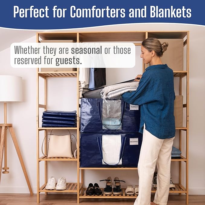 VENO 8 Pack Heavy Duty Moving Bags, Clothes and Comforter Storage Bags with Clear Window, College Dorm Essentials Packing Supplies, Foldable Boxes Alternative (Blue, 8 Pack)