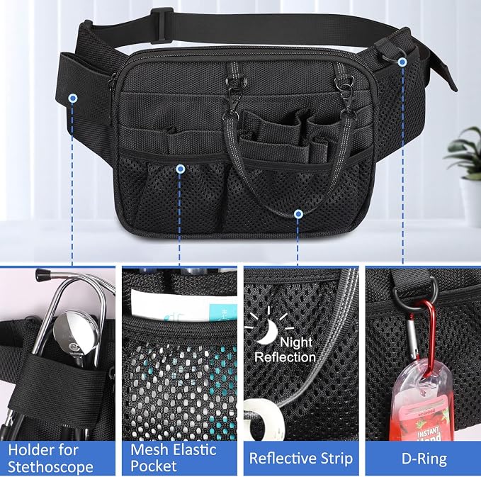 SITHON Nurse Fanny Pack with Tape Holder, Multi Compartment Medical Gear Pocket Nursing Organizer Belt Bag, Apron Hip Bag Utility Waist Pack for Stethoscopes Bandage Scissors Medical Supplies (Black)