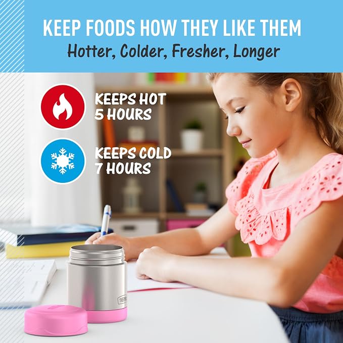 THERMOS FUNTAINER Kids Food Jar, 10oz, Light Pink | Kid-Friendly Stainless Steel Insulated Food Container, Keeps Food Hot or Cold Longer for School & Play, BPA Free
