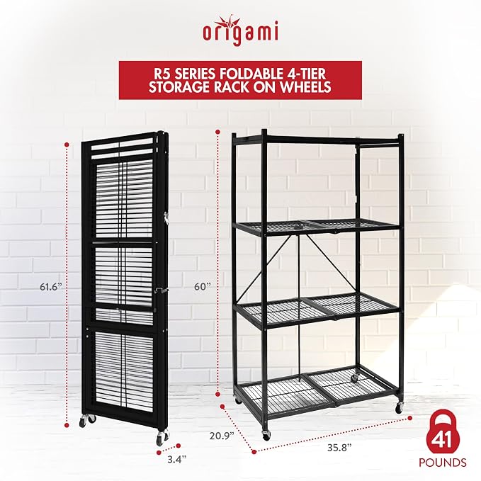 Origami R5 4-Shelf Heavy-Duty Folding Storage Rack, Black – Large Foldable Metal Shelving Unit with Wheels for Garage, Pantry, Basement, Laundry Room or Warehouse