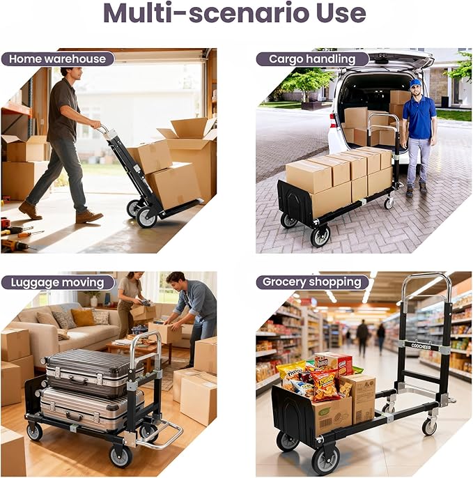 3-in-1 Folding Hand Trucks, 600Lbs Convertible Hand Truck Dolly, Heavy Duty Convertible Dolly with Retractable Handle and 4 Rubber Wheels, Collapsible Cart for Moving Office/Home/Warehous(Black)