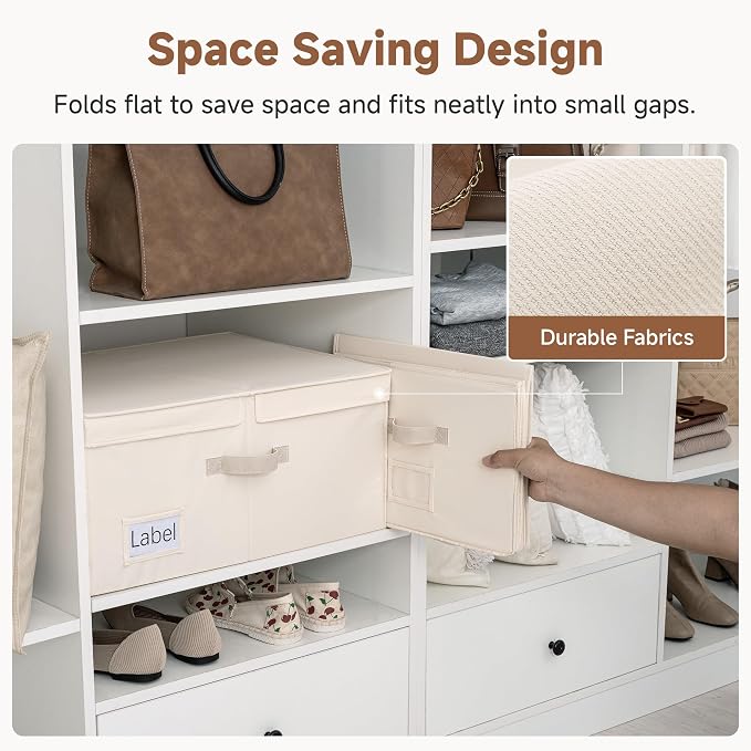 StorageWorks 55L Extra Large Fabric Storage Bins with Lid, Foldable Closet Organizer Boxes with Label and Handles, Decorative Storage Baskets for Clothing and Blankets, Cream White, 2-Pack