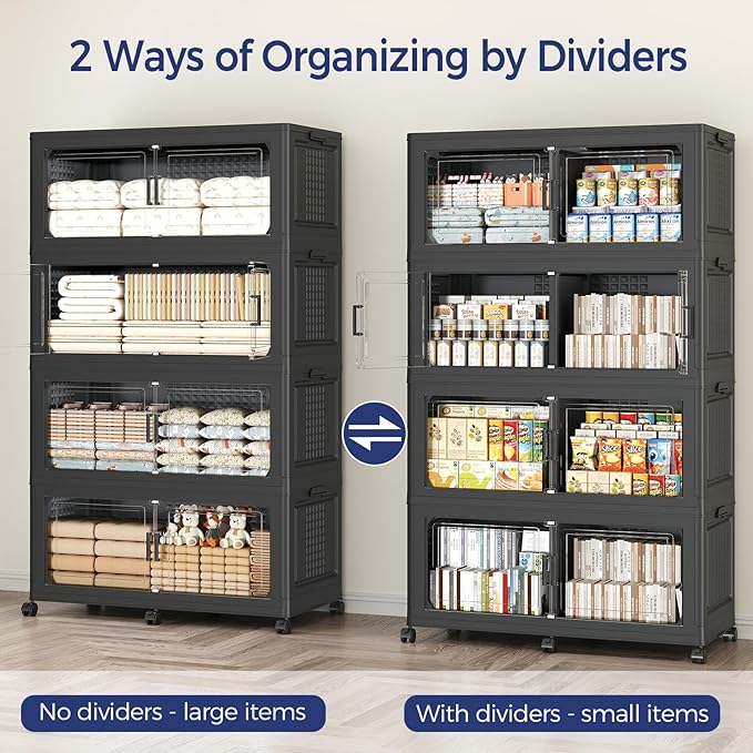 150GAL Storage Bins with Lid and Wheels, Stackable Closet Organizers and Storage Drawer, Collapsible Storage Box with Dividers, Foldable Plastic Cabinets for Room, Kitchen, 3 Pack Black