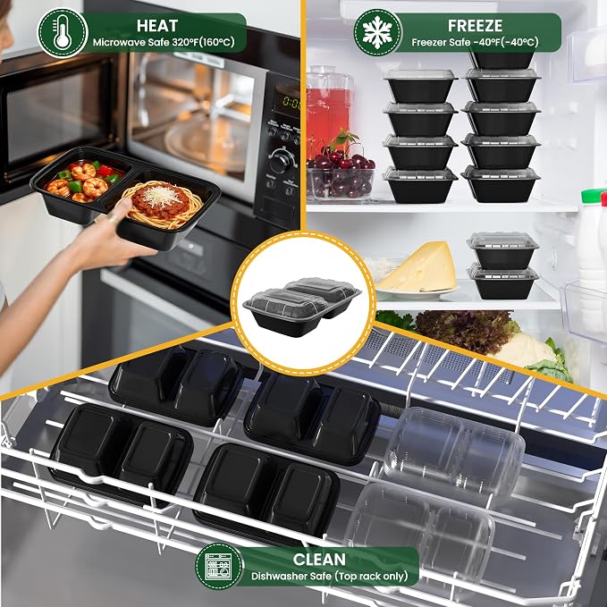 50 Pack 28oz Meal Prep Containers with Lids 2-Compartment, To Go Take Out Plastic Food Storage Containers with Lids Reusable, Leakproof Food Safe, Microwave Freezer Dishwasher Safe, Black