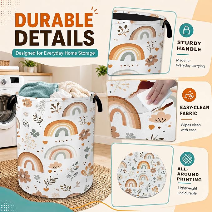 Rainbow Flowers Laundry Basket,Boho Large Collapsible Portable Round Laundry Hamper with Handles,Oxford Storage Bin for Clothes,Blankets,Bedroom,Bathroom