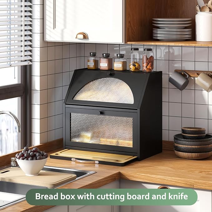 STDDRE Bamboo Bread Box with Cutting Board, Double Layer Extra Large Bread Storage Bin with Door Panel for Kitchen Counter (Black)