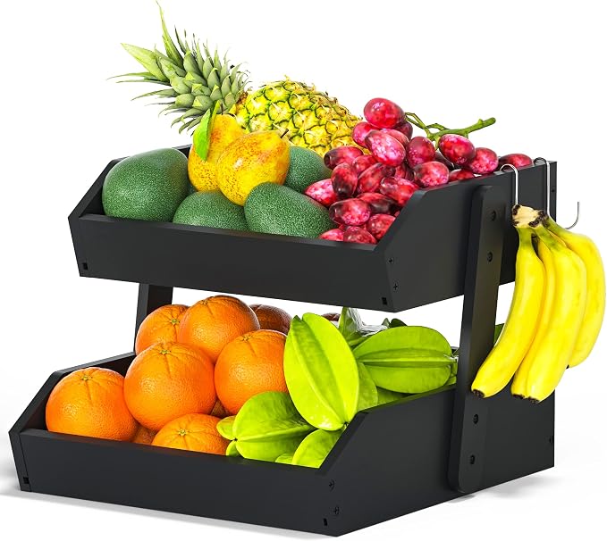 Gmtsl Bamboo Fruit Basket for Kitchen, Fruit Holder for Kitchen Countertop | 2 Tier Fruit bowl for Kitchen Counter, Fruit Stand, Vegetable Basket Storage, Produce Organizer, Bread Snack Display(BLACK)