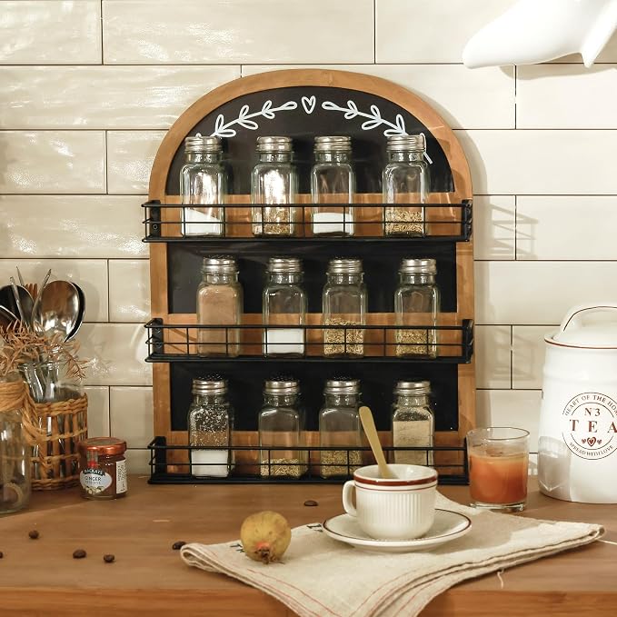 Wall Mount Spice Rack with Blackboard for 18 Jars, 3 Tier | Wooden Spice Shelf Organizer for Kitchen or Pantry Space Saving Wall-mounted Spice Holder, Black