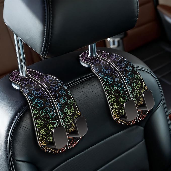 Blusabaca 2PCS Car Seat Headrest Hooks, Purses Bags Holder, Dog Paw | PU Leather, Double Metal Back Storage Hangers for Grocery Bags Handbags Bottles Coats Phones, Car Accessories Organization
