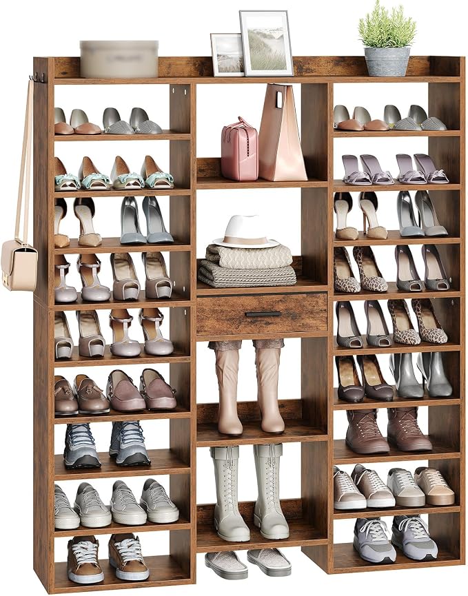 HOOBRO 10 Tier Shoe Rack Tall, 47" Large Wooden Shoe Rack Organizer, 61" Tall Shoe Shelf with Cubbies and Fabric Drawer, for 25-33 Pairs of Shoes, Entryway Shoe Organizer, Rustic Brown FG10SC01