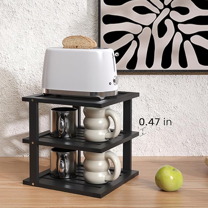 2 Pack Bamboo Corner Shelf,3 Tier Kitchen Cabinet Organizer for Plates and Dishes,Pantry Storage and Spice Rack（Black）