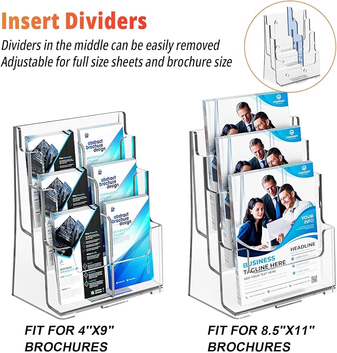FUCDTEFC 2 Pack Acrylic Brochure Holder 8.5x11 & 4 x9 Inches Universal, Clear 3 Tier Magazine Stand Brochure Display Stand w Removable Divider, Literature Flyer Holder for Wall Mount or Countertop