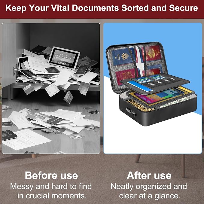 Fireproof Document Organizer Box with Lock for Important Documents | 8 Layers File Organizer, 5200°F Fire & Water-Resistant, Portable Home Travel Safe Storage, 15"x11"x4.1", Black, Soft