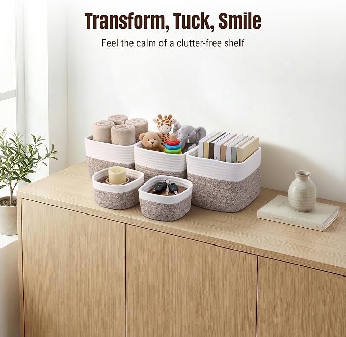 5-Pack Storage Cubes Woven Rope Baskets, 2 Sizes Organizer Bins | Ideal for Closet, Shelf, Bookshelf, Nursery, Changing Table, Cube Storage Bins, Storage Baskets for Bathroom Toy & Home