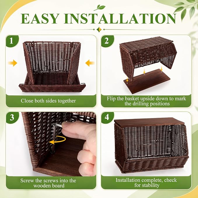 FoldTier Rattan Wicker Fruit Basket with Lid - 12 inch Stackable Wall Mounted Hanging Rattan Storage Basket for Kitchen Counter Handwoven Countertop Produce Organizer for Fruits Vegetables Snacks