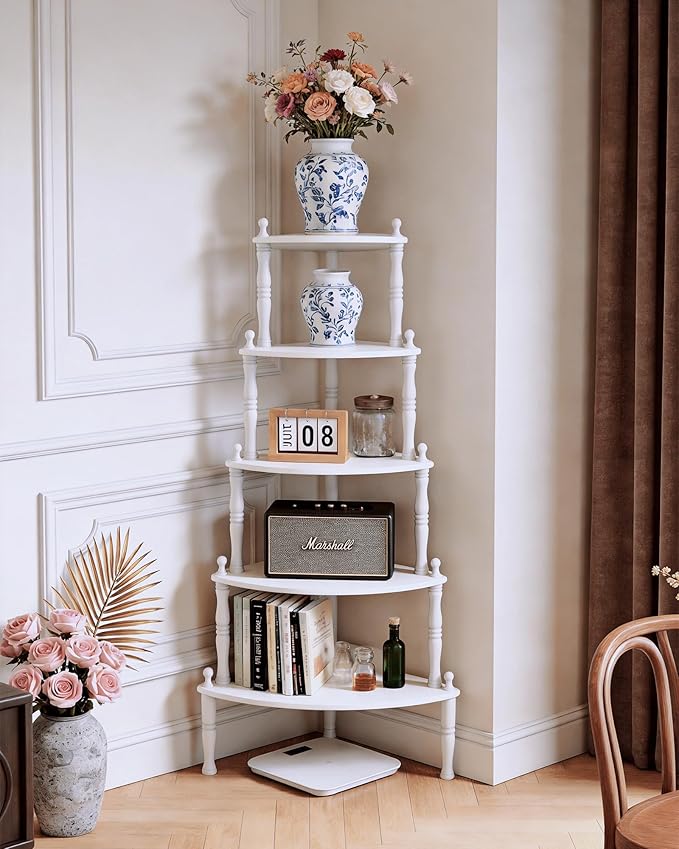 White Corner Shelf, 5-Tier Corner Bookshelf, 60" Tall | 100% Solid Wood Ladder Shelf, Small Vintage Freestanding Bookshelf Plant Stand for Living Room, Home Office, Bedroom