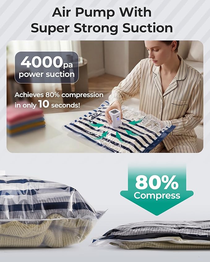BAGSMART Travel Vacuum Seal Bags with Pump, Jumbo Vacuum Storage Bags for Clothes Blankets Comforters, Space Saver Bags for Travel, Compression Bags for Seasonal Storage-Blue Stripe