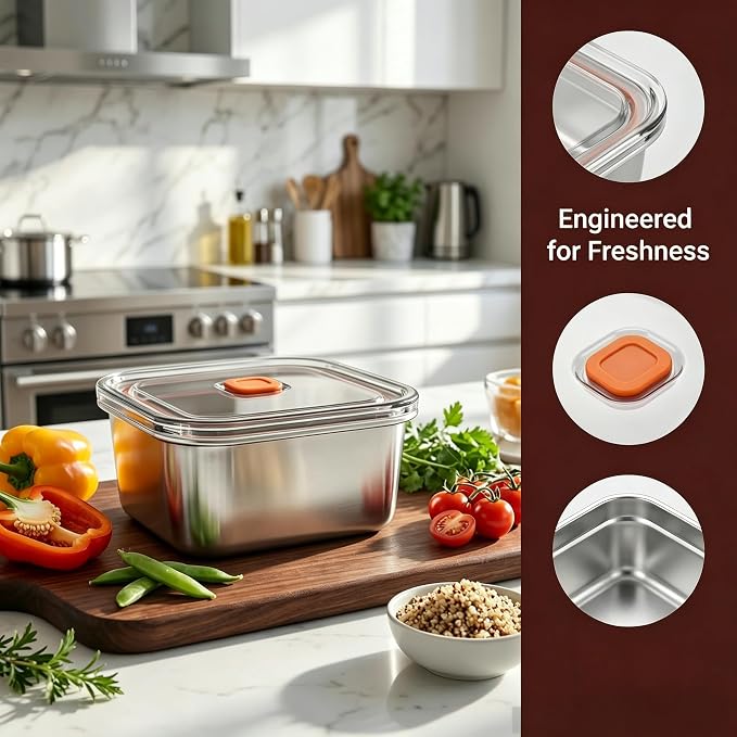 3 Pack Stainless Steel Food Storage Containers with Lids, Meal Prep Containers, Vacuum-Sealed Airtight Leakproof, Microwave/Dishwasher/Freezer Safe, Multi-Size for Fresh Storage (15+27+37oz)