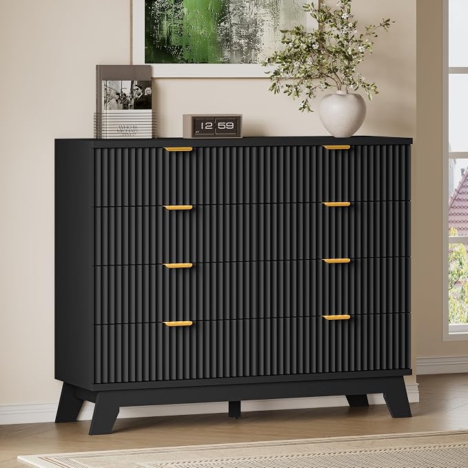 BORNOON Fluted 8 Drawer Tall Dresser, 47.2" Wide Modern Boho Chest of Drawers, Wooden Storage Dresser TV Stand for Bedroom, Living Room, Closet, Hallway, Curved Profile Design
