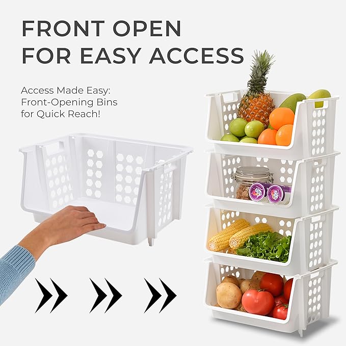 Skywin TidyFriend Medium Stackable Storage Bins for Pantry - 4 Pack, Stackable Bins For Organizing Food, Kitchen, and Bathroom Essentials (White)