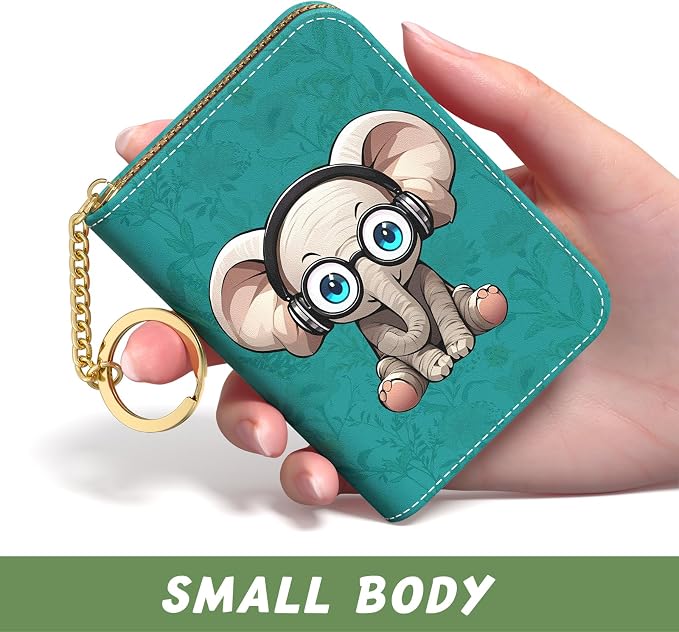Aiawoxc Credit Card Holder, Small RFID Wallet Slim Leather Card Organizer Case with Zipper and Keychain, Pretty Elephant