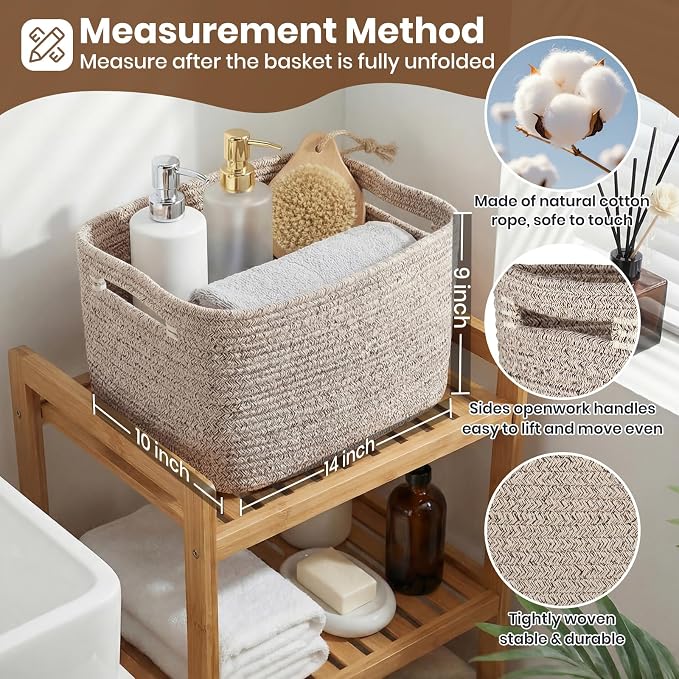 Storage Baskets for Organizing, 14 x 10 x 9” Closet Shelf Woven Baskets, Square Bins with Handles, Cotton Rope Basket for Clothes, Office, Room, Brown 1 Pack
