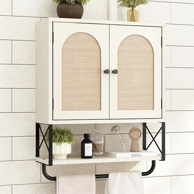 RUSTOWN Rattan Bathroom Wall Cabinet, Boho Over The Toilet Storage Cabinet | Arched Rattan Doors, Modern Medicine Cabinet, Adjustable Shelves, Towel Bar, Vintage White
