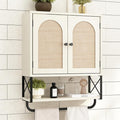 RUSTOWN Rattan Bathroom Wall Cabinet, Boho Over The Toilet Storage Cabinet | Arched Rattan Doors, Modern Medicine Cabinet, Adjustable Shelves, Towel Bar, Vintage White
