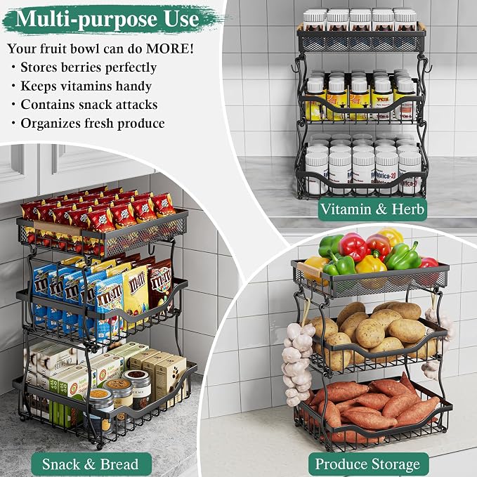 OKZEST 3-Tier Fruit Basket Fits Under Standard Upper Cabinet, 17.2" Tall | 2-In-1 Wall Mount & Countertop. Ultra-Fine Mesh Top Basket & Banana Hangers, Holds Potato, Onion, Bread, Snack, Fruit, Veggie