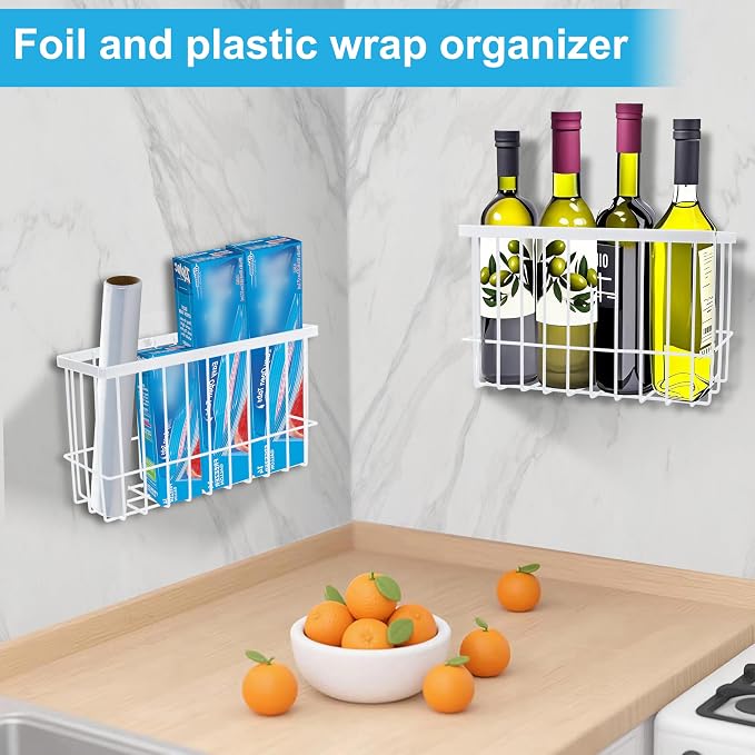 Cabinet Door Organizer 3Pcs, Foil and Plastic Wrap Organizer with 2 Sponges, Cabinet Door Storage with 3 Caddy Adhesive, for Aluminum Foil, Plastic Wrap, Wool Dryer Balls, White,(Small, Medium, Large)