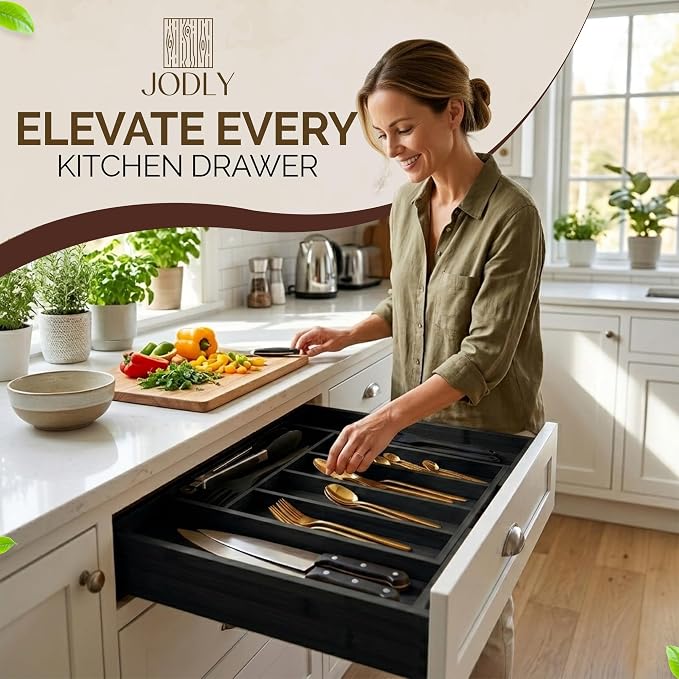 Bamboo Kitchen Utensil Drawer Organizer for Silverware | 100% Natural Expandable 14-20 Inch Kitchen Drawer Organizers for Utensils | Non-Slip Base | Screwed Joints for Long-Lasting Durability