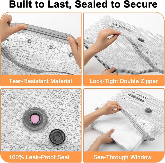16 Pack Travel Vacuum Bags with Pump | Vacuum Seal Bags for Clothing Travel, Vacuum Storage Bags with Cordless USB Pump, PA+PE Zipper for Space Saver for Home