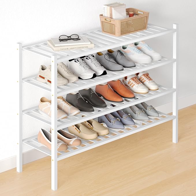Smiry Bamboo Shoe Rack for Closet, 4 Tier Long Wooden Shoe Organizer, Stackable Wood Shoe Storage Shelf for Entryway, 14 Vertical Slats, 2+2 Stack Heavy-Duty Legs, 33.86"x11.02"x25.98", White