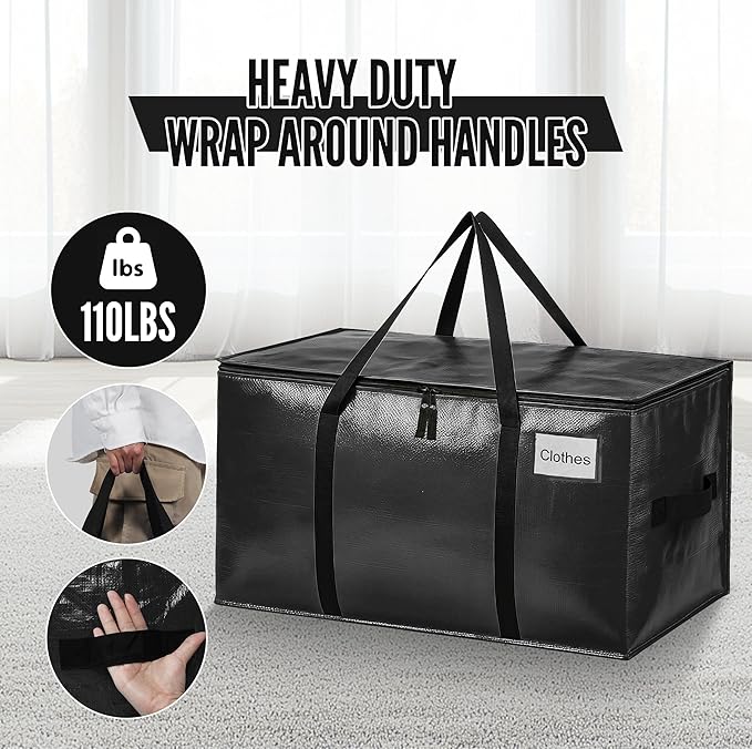 BAGAIL Heavy Duty Moving Bags with Strong Handle, Extra Large Moving Boxes, Storage Tote for Clothes, College Moving Supplies(Black, 2 Pack)