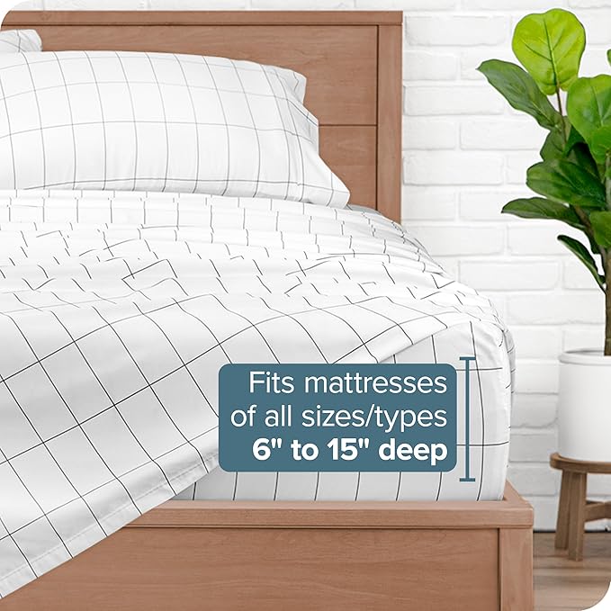 Bare Home Twin XL Sheet Set - College Dorm Size - Luxury 1800 Ultra- Soft Double Brushed Microfiber - Deep Pockets - Easy Fit - 3 Piece Bedding Sheet Set (Twin XL, Grid - White/Grey)