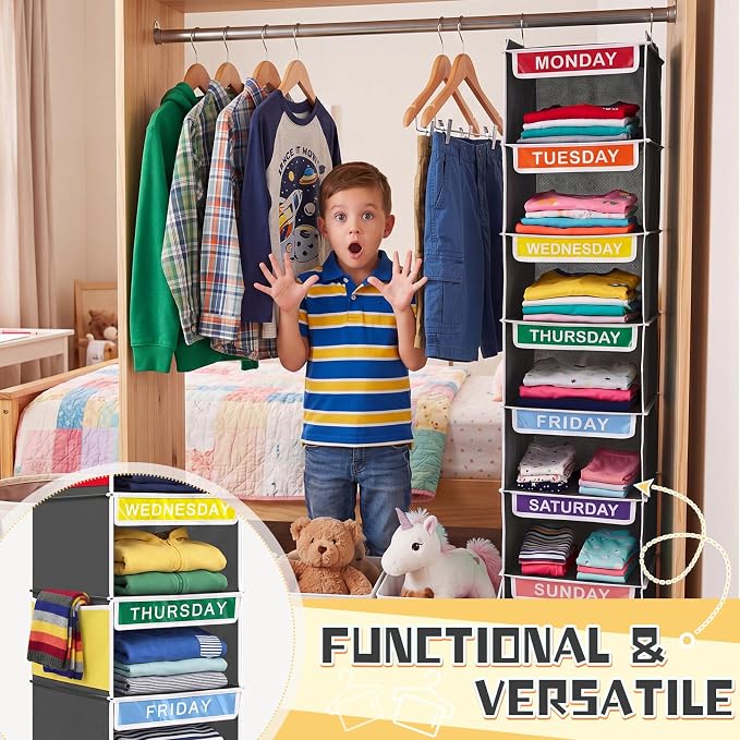 Amylove 2 Pcs 7 Shelf Weekly Clothes Organizer for Kids Hanging Closet Organizer 11. 8 x 11. 8 x 50 Inch Daily Activity Kids Clothes Storage Drawers Cube Drawers Closet Hanging Shelves (Grey)